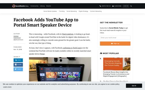 Facebook Adds YouTube App to Portal Smart Speaker Device ...