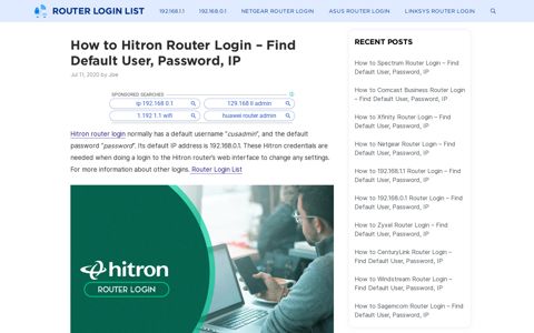 How to Hitron Router Login - Find Default User, Password, IP