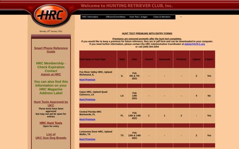 Test Entry/Premiums - Welcome to Hunting Retriever Club, Inc.