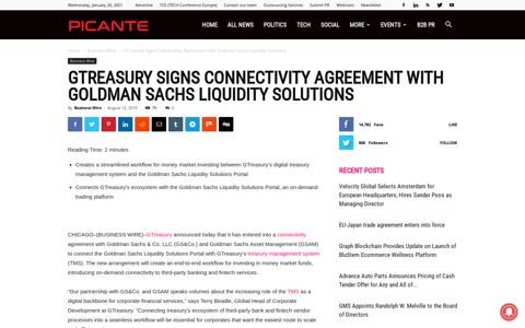 GTreasury Signs Connectivity Agreement with Goldman ...