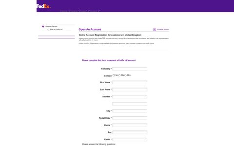 FedEx UK – Open An Account