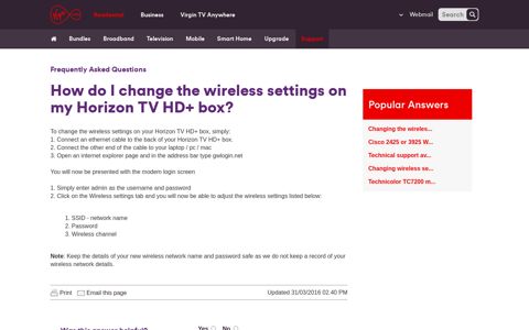 Changing wireless settings on the Horizon TV HD+ box ...