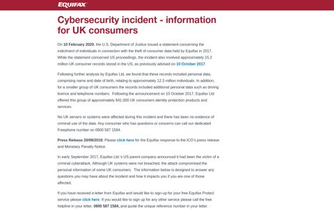 UK cybersecurity incident update | Equifax UK