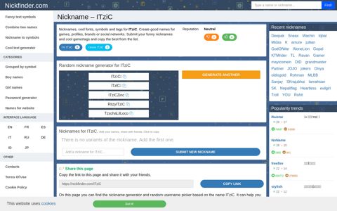 ITziC - Names and nicknames for ITziC - Nickfinder.com