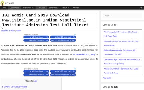 ISI Admit Card 2020 Download www.isical.ac.in Indian ...