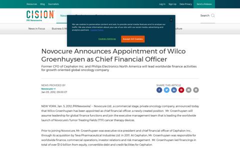 Novocure Announces Appointment of Wilco Groenhuysen as ...