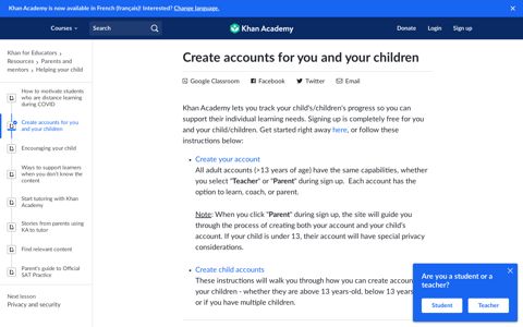 Create accounts for you and your children - Khan Academy