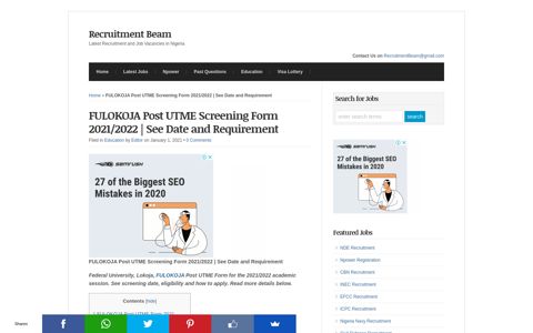FULOKOJA Post UTME Screening Form 2020/2021 | See ...