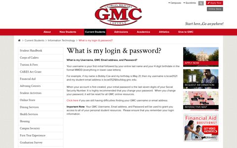 What is my login & password? - Georgia Military College