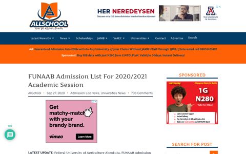 FUNAAB Admission List For 2020/2021 Academic Session