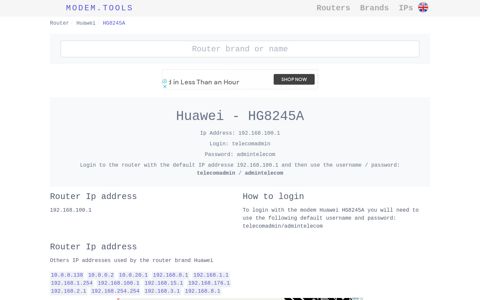 Huawei HG8245A Default Router Login and Password