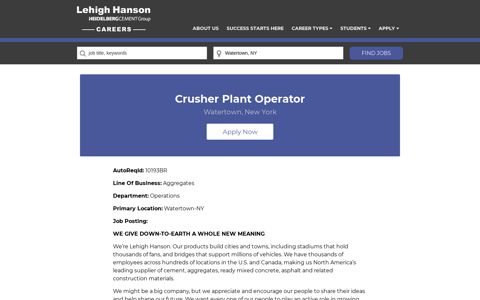 Crusher Plant Operator in Watertown ... - Lehigh Hanson Jobs