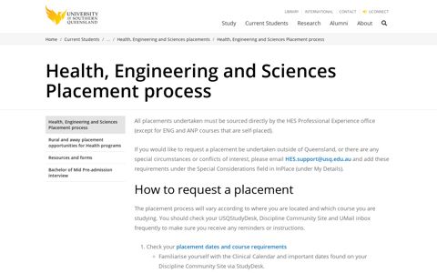 Health, Engineering and Sciences Placement process - USQ