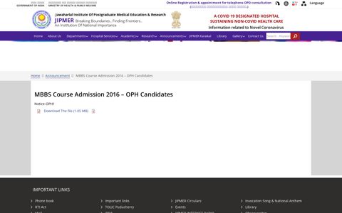 MBBS Course Admission 2016 – OPH Candidates - Jipmer
