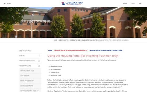 Housing Portal (for incoming freshmen only) | Louisiana Tech ...
