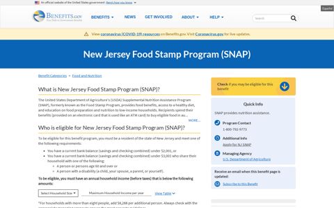 New Jersey Food Stamp Program (SNAP) | Benefits.gov