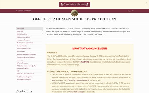 Office for Human Subjects Protection - FSU Office of Research