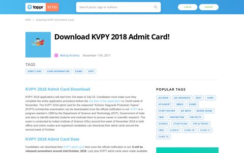 KVPY 2018 Admit Card Released - Download here! - Toppr