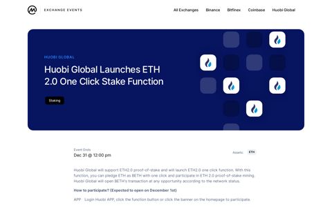 Huobi Global Launches ETH 2.0 One Click Stake Function