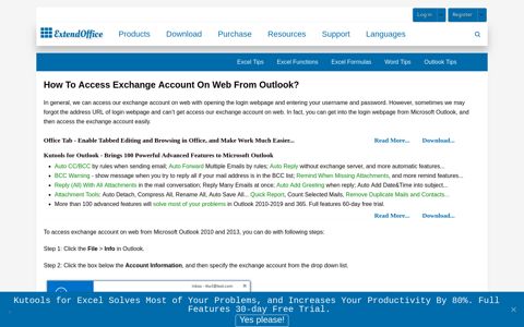 How to access exchange account on web from Outlook?