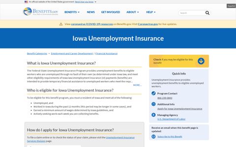 Iowa Unemployment Insurance | Benefits.gov