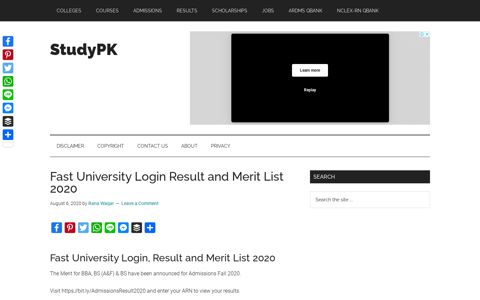 Fast University Login Result and Merit List 2020 - StudyPK