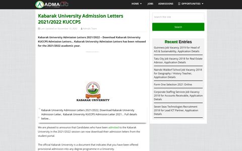 Kabarak University Admission Letters 2021/2022 KUCCPS ...