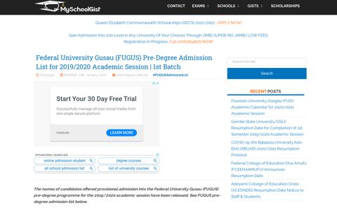FUGUS Pre-Degree Admission List 2019/2020 - MySchoolGist