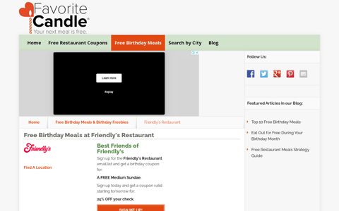 Free Birthday Meals-Friendlys Restaurant - FavoriteCandle