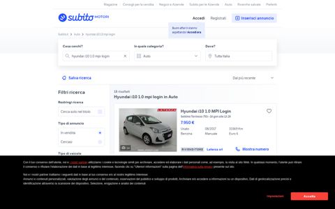 Hyundai i10 1.0 mpi login - Vendita in Auto - Subito.it