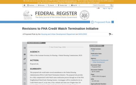 Revisions to FHA Credit Watch Termination ... - Federal Register
