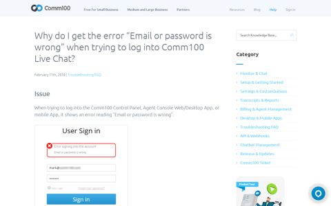 Error “Email or password is wrong” when trying to ... - Comm100