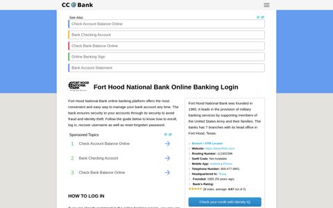 Fort Hood National Bank Online Banking Login - CC Bank