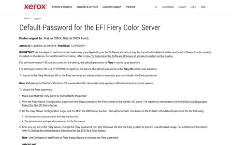 Default Password for the EFI Fiery Color Server