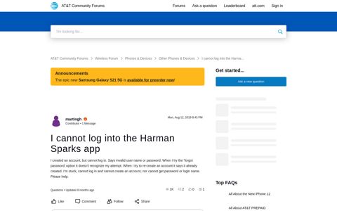 I cannot log into the Harman Sparks app | AT&T Community ...