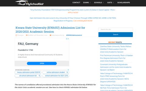 KWASU Admission List 2020/2021 Session - MySchoolGist