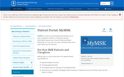 Patient Portal: MyMSK | Memorial Sloan Kettering Cancer ...