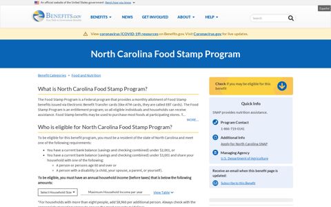 North Carolina Food Stamp Program | Benefits.gov