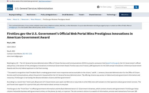 FirstGov.gov the U.S. Government's Official Web Portal Wins ...