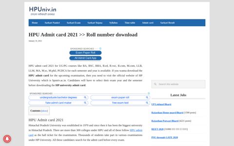 HPU Admit card 2020 » Roll number All courses call letter ...