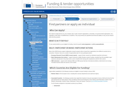 Find partners or apply as individual - H2020 Online Manual