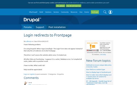 Login redirects to Frontpage | Drupal.org