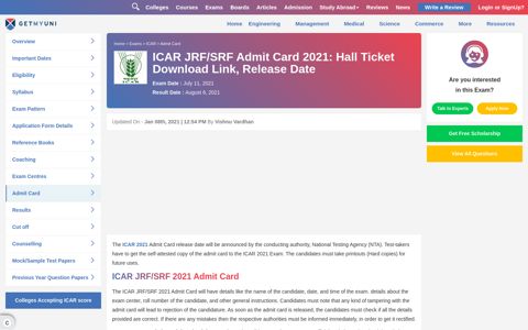ICAR 2020 Admit Card - GetMyUni
