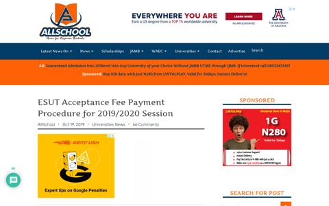 ESUT Acceptance Fee Payment Procedure for 2019/2020 ...