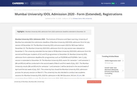 Mumbai University IDOL Admission 2020 - Form (Extended ...