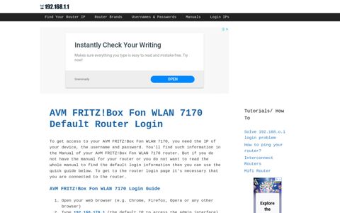 AVM FRITZ!Box Fon WLAN 7170 - Default login IP, default ...
