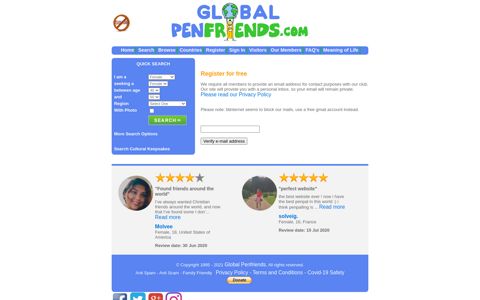 Registration Page for Global Penfriends
