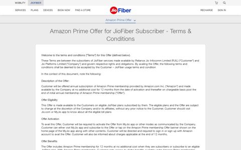 Amazon Prime Offer for JioFiber Subscriber - Terms ...