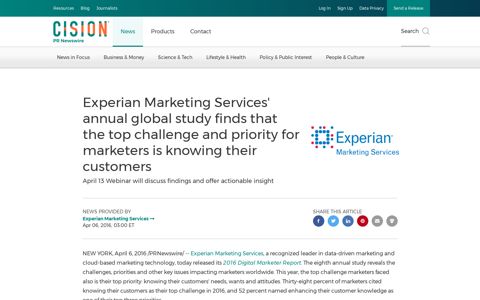 Experian Marketing Services' annual global study finds that ...