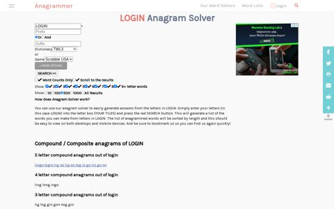 LOGIN Anagram Solver LOGIN anagram finder